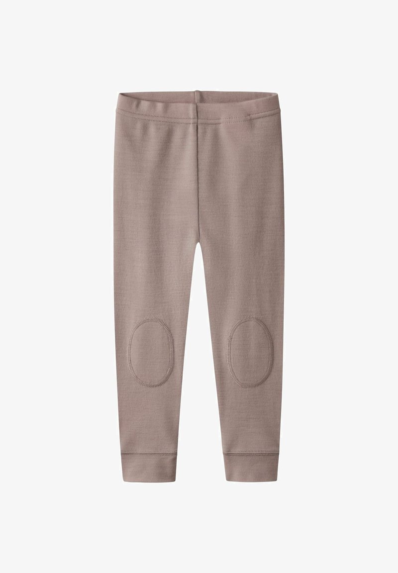 Svijetlosmeđi tajice od mekog materijala, sa šivenim koljenastim zakrpama i udobnim elastičnim pojasom. Jednostavan, prilagođen dizajn.