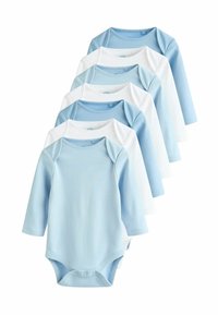 Set med sex långärmade bodysuits i ljusblå och vit bomull, med tryckknappar och kontrasterande raglanärmar. Mjuk, slät textur.