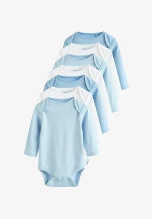 Set of six long-sleeve bodysuits in light blue and white cotton, featuring snap closures and contrast raglan sleeves. Soft, smooth texture.