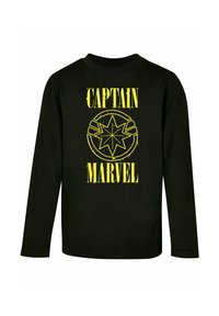 Fekete, hosszú ujjú póló, sárga "CAPTAIN MARVEL" grafikával és középen csillaglogóval. Pamutból készült, kerek nyakkivágással.