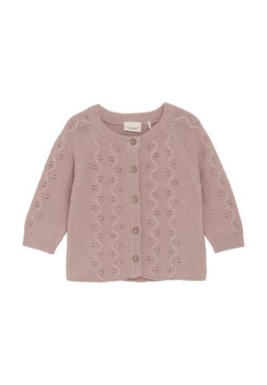 Ljusrosa stickad kofta med en vågig ögla-mönster, rund halsringning, knäppning med knappar och ribbade ärmslut. Mjuk textur, avslappnad design.