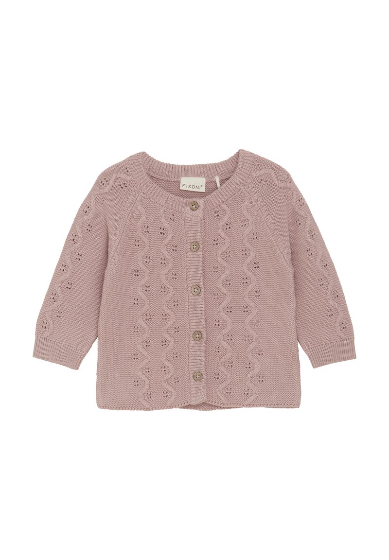 Lichtroze gebreid vest met een golvende gaatjespatroon, ronde halslijn, knoopsluiting en geribbelde manchetten. Zachte textuur, casual ontwerp.