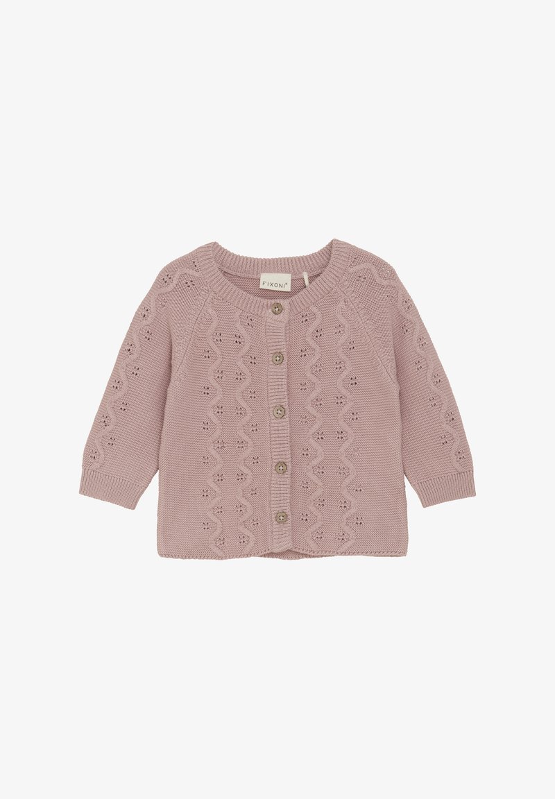 Lichtroze gebreid vest met een golvende gaatjespatroon, ronde halslijn, knoopsluiting en geribbelde manchetten. Zachte textuur, casual ontwerp.