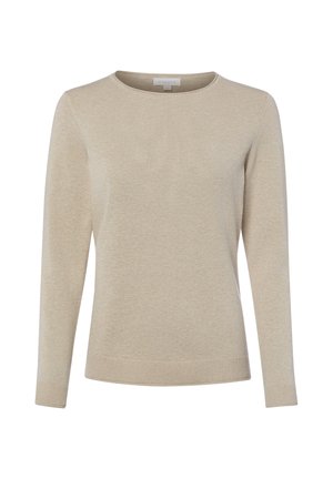 Beige trui met lange mouwen en ronde hals, met geribbelde manchetten en zoom, gemaakt van zachte gebreide stof, weergegeven op een witte achtergrond.