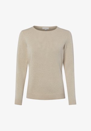 Pull beige à manches longues avec col rond, poignets et bas côtelés, en tissu maille doux, présenté sur fond blanc.