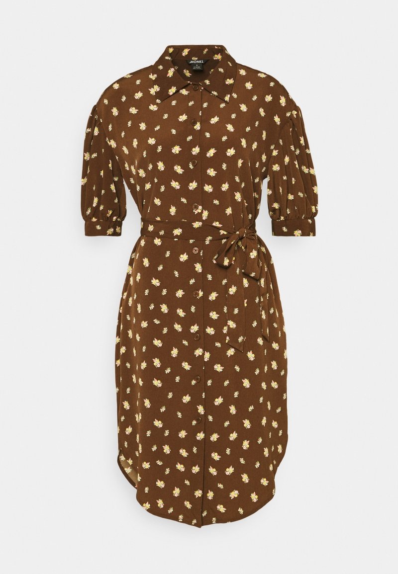 Robe midi marron à motif floral jaune, avec boutons sur le devant, manches courtes bouffantes, col et ceinture à nouer à la taille.