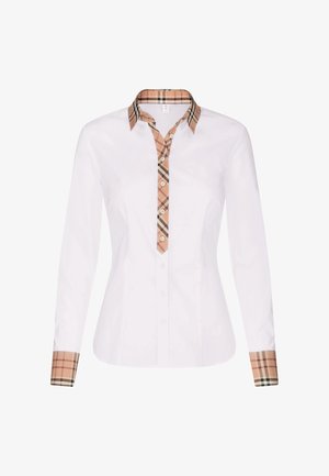 Weißes Langarmhemd mit kariertem Kragen und Manschetten in Beige, Braun und Schwarz. Mit Knopfleiste vorne und tailliertem Schnitt.