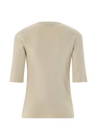 Beige kurzärmliger Pullover mit gerippter Textur und rundem Ausschnitt, mit einem taillierten Design, das an der Taille verjüngt ist.