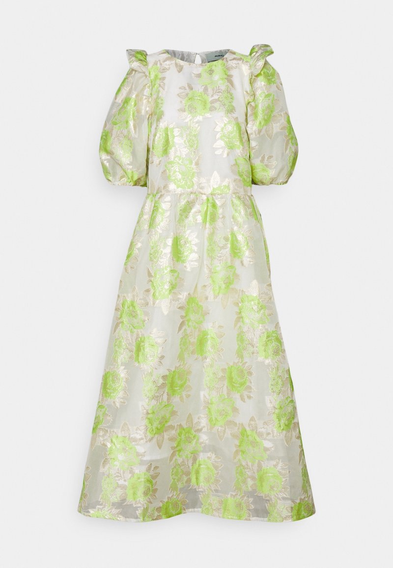 Lätt klänning i transparent tyg med ett blommönster i livfullt grönt och guld. Puffärmar och figursydd midja.