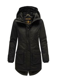 Black parka jacket with a hood, zip and button closure, two front pockets, and adjustable cuffs. Features a textured lining.