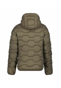 Giacca puffer verde oliva con un design a trama goffrata. Caratterizzata da un cappuccio, polsini elastici e un colletto alto per una maggiore tepore.