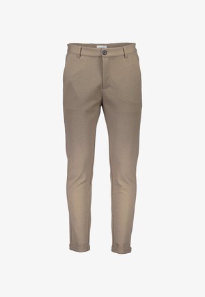 Pantaloni beige in cotone morbido, con chiusura a bottone, passanti per la cintura e risvolti. Texture liscia con design minimalista.