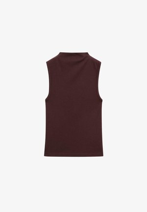 Ärmelloses Oberteil in tiefburgunder, aus weichem, dehnbarem Material gefertigt. Verfügt über einen hohen Halsausschnitt und ein tailliertes Design mit sauberen, fertigen Kanten.
