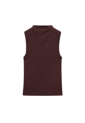 Top senza maniche in tessuto jersey di un intenso bordeaux, con collo alto e texture liscia. Il design include bordi rifiniti con cura e senza ulteriori abbellimenti.