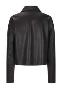 Schwarze Lederjacke mit glatter Textur, langen Ärmeln und klassischem Kragen. Das Design hat eine taillierte Silhouette und keine sichtbaren Beschläge.
