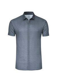 Kurzarmshirt aus dunkelgrauem Stoff, mit button-down Kragen, Vorderknöpfen und glatter Oberfläche. Für den lässigen Gebrauch entworfen.