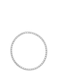 Apvalus sidabrinis apyrankė, kurioje gausu kvadrato formos brangakmenių, susibūrusių glaudžiai kartu, sukuriantys vienodą ir blizgantį vaizdą.