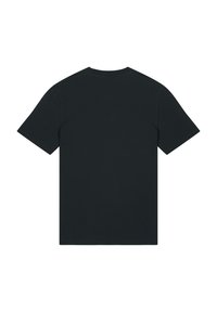 Zwarte T-shirt met korte mouwen, gemaakt van zacht materiaal, met een klassieke ronde hals en een effen achterkant zonder zichtbare logo's of patronen.