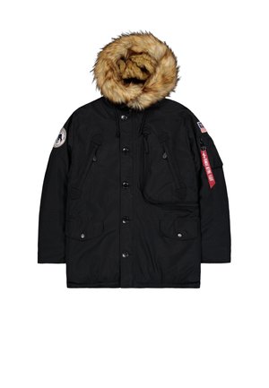 Must have talveparka musta värvi, karvase kapuutsiga, nupuga ja tõmblukuga, mitmete ees taskutega ning varrukatel embleemidega, sealhulgas Ameerika lipp.