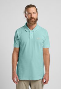 Lichtblauw poloshirt gemaakt van katoen, met een kraag, korte mouwen en een klein logo op de linkerkant van de borst. Soepele textuur.
