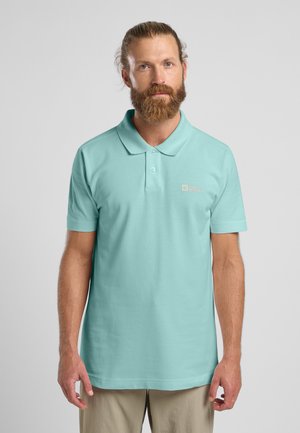 Lichtblauw poloshirt gemaakt van katoen, met een kraag, korte mouwen en een klein logo op de linkerkant van de borst. Soepele textuur.
