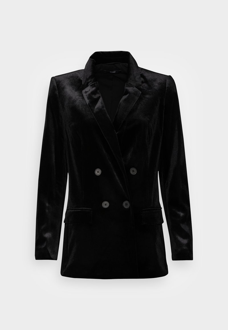 Blazer croisé en velours noir avec revers à crans, deux poches à rabat à l'avant et manches longues, présenté sur un fond blanc.