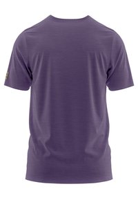 T-shirt viola a maniche corte con colletto tondo, texture liscia e un sottile motivo melangiato. Presenta una piccola etichetta del marchio sulla manica.