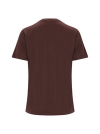 Brun kortärmad t-shirt i mjukt material; har rund halsringning och enkel design, utan synliga logotyper eller mönster.
