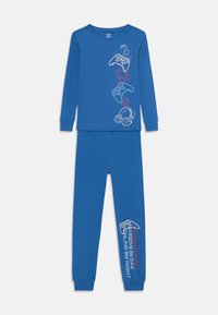 Blaues langärmliges Schlafanzug-Set mit grafischen Drucken von Spielcontrollern und Kopfhörern. Mit eng anliegenden Manschetten und schmal geschnittenen Hosen.