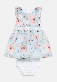 Φόρεμα ανοιχτού μπλε με λουλουδάτο και πεταλούδες σχέδιο, με βολάν στο ντεκολτέ και λευκό ταίρι καλυμμα πάνας. Απαλή ύφανση με εφαρμοστή μέση.