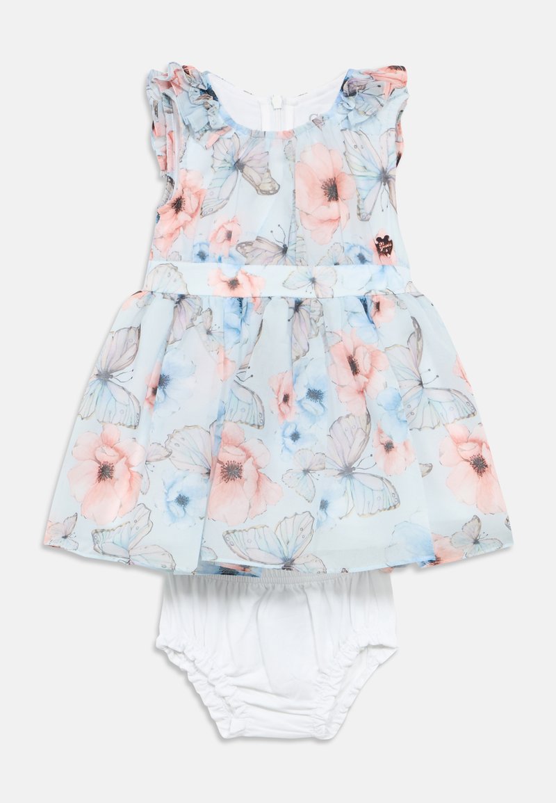 Φόρεμα ανοιχτού μπλε με λουλουδάτο και πεταλούδες σχέδιο, με βολάν στο ντεκολτέ και λευκό ταίρι καλυμμα πάνας. Απαλή ύφανση με εφαρμοστή μέση.