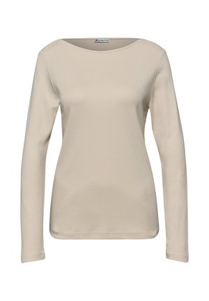 Beżowa damska bluzka z długim rękawem, z okrągłym dekoltem i dopasowanym krojem, prezentowana na białym tle.