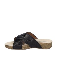 Black woven slide sandal with cross-over design, cushioned beige insole, and textured cork outer sole. Lightweight and casual style.