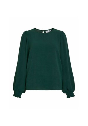 Blusa verde oscuro hecha de tejido ligero. Presenta un cuello redondo, mangas largas abullonadas con puños elásticos y un cierre en forma de ojal en la parte posterior.