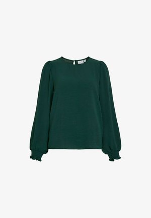 Dark green blouse made of lightweight fabric. Features a round neck, long puff sleeves with elastic cuffs, and a keyhole back closure.