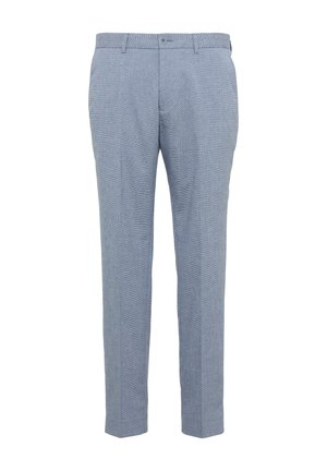 Lichtblauwe, slim-fit broek met een subtiel textuurpatroon, knoopsluiting en zijzakken, vervaardigd uit geweven stof.