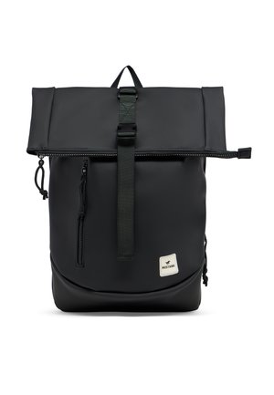 Black roll-top backpack with front zip pocket, adjustable buckle strap, and a small white Mustang logo patch at the bottom right.