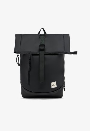 Black roll-top backpack with front zip pocket, adjustable buckle strap, and a small white Mustang logo patch at the bottom right.