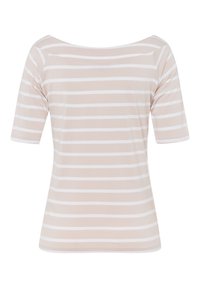 T-shirt rayé en beige clair avec des rayures blanches horizontales, doté d'un large col, de manches courtes et d'un tissu doux et extensible.