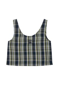 Ermeløs cropped topp med mønster i marineblått, hvitt og gult rutemønster, med et lite brodert design sentrert nær halslinningen.