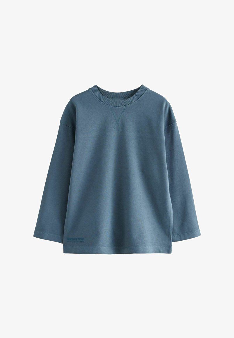 Felpa blu a maniche lunghe realizzata in un materiale texturizzato, con scollatura rotonda e dettagli di cucitura visibili. Presenta un piccolo etichetta stampata sull'orlo.