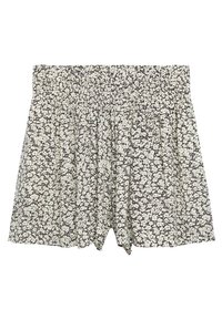 Shorts à imprimé floral avec une taille élastique ; fond blanc agrémenté de fleurs noires et grises ; tissu léger, coupe décontractée.