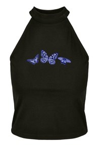 Svart ärmlös halternecktop i bomull, med en blå fjärilsdesign som har tre distinkta fjärilsformer över bröstet.
