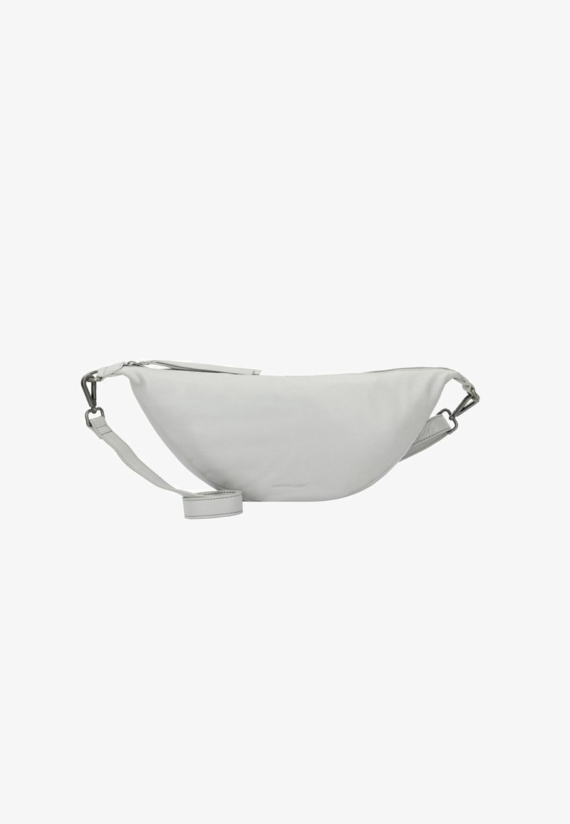 Borsa a tracolla in pelle bianca con forma arrotondata, chiusura con zip e tracolla regolabile. Texture liscia, design minimalista e hardware metallico.