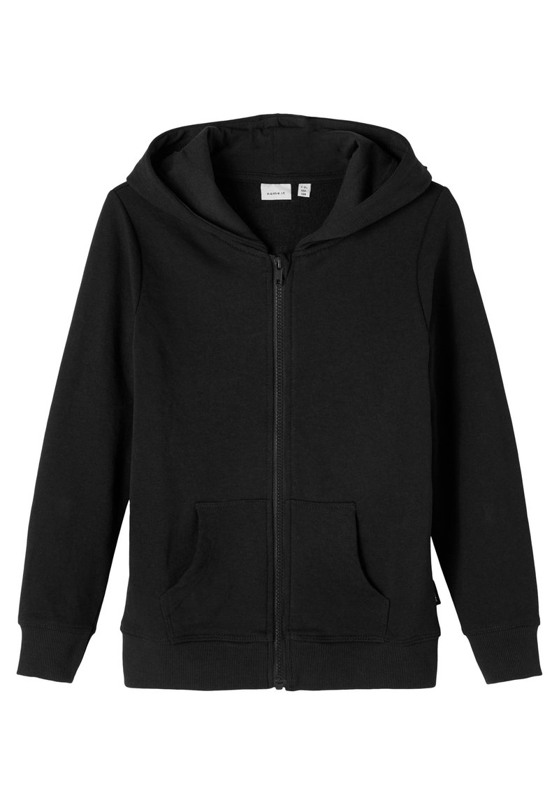 Felpa nera con zip realizzata in tessuto morbido, dotata di un cappuccio ampio, tasche frontali e polsini a costine. Design semplice senza motivi o decorazioni.