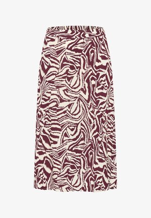 Een knielange rok van lichte stof, met een bordeauxrode en crèmekleurige abstracte patroon, voorzien van een ontspannen tailleband en zonder sluitingen.