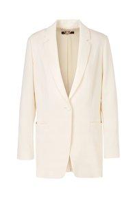 Ivory blazer made of smooth fabric, featuring a notched collar, single button closure, and two front pockets. Tailored fit with long sleeves.