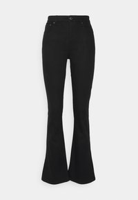 Svarta utsvängda jeans med hög midja, tillverkade av bomullsblandat tyg, med fem fickor, knapplåsning och en smidig silhuett.