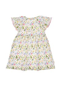 Florales Kleid aus leichtem Baumwollstoff mit kurzen Flatterärmeln, das ein mehrfarbiges Blumenmuster auf weißem Hintergrund und pinken Akzenten zeigt.