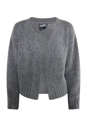 Grå strikket cardigan med v-hals, åben front og ribbede manchetter. Stoffet har en blød, lidt fuzzy tekstur med et åndbart design.